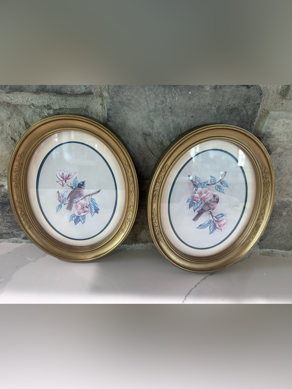 Vintage Bird Prints Set Of 2 1983 Homco Cottage Core Floral Shabby Gold Frame
